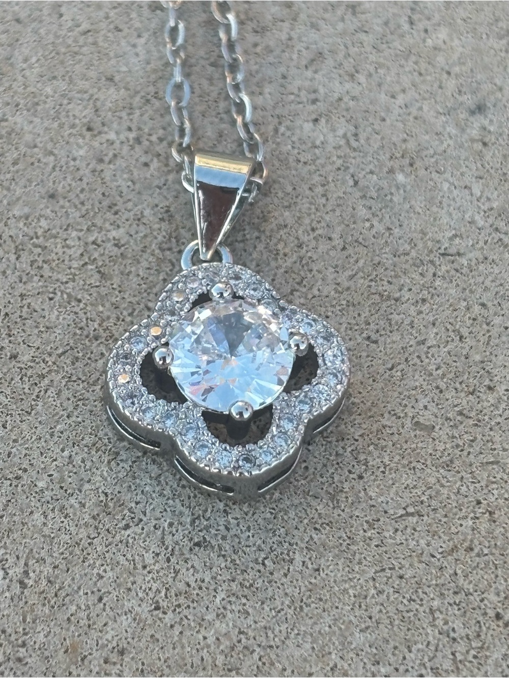 Silver Floral Halo Pendant Necklace with Clear Center Stone